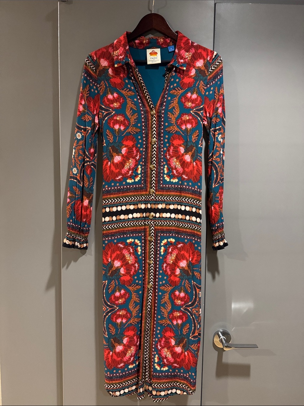 FARM Rio by Anthropology- Teal and Red Floral Button-Front Midi Dress